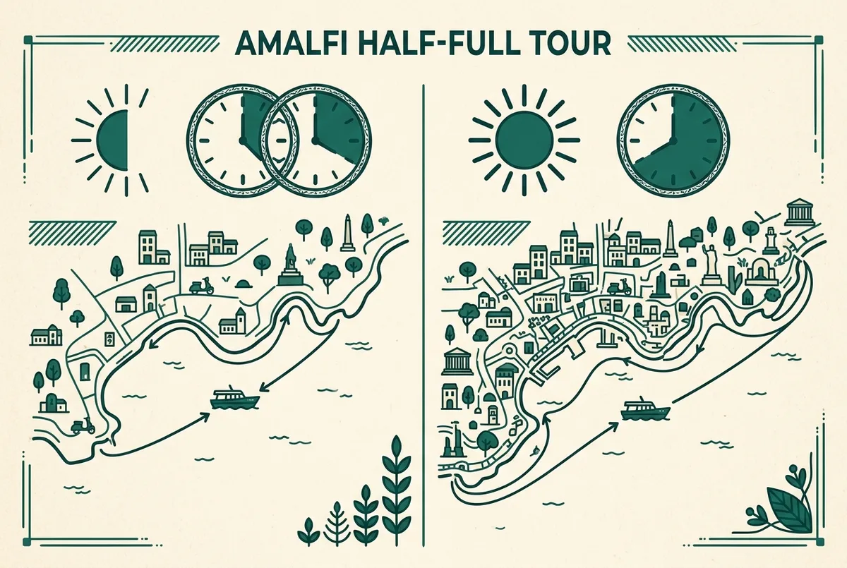 Simple comparison infographic showing a half-day amalfi boat tour half day icon set against a full-day boat tour, clock icons marking four hours versus eight hours, generic labels only, flat illustrated style