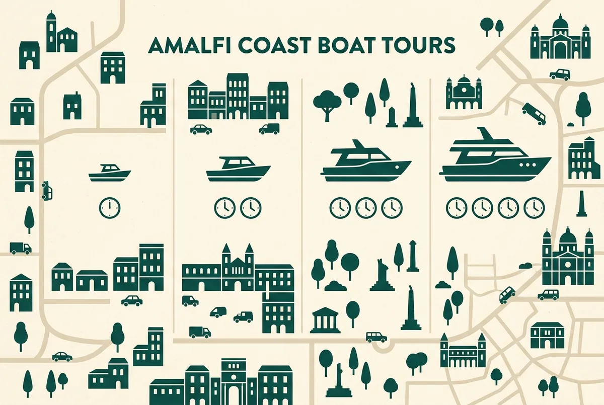 Infografica semplice che confronta quattro fasce di prezzo per un giro in barca in costiera amalfitana con icone di barca di dimensioni crescenti, etichette generiche solo per fascia di prezzo e durata, stile piatto