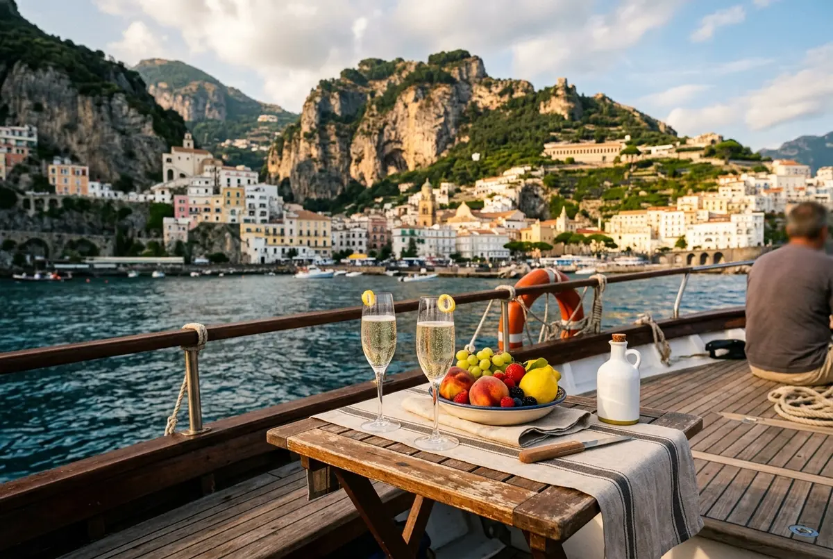 Small table on the deck of a boat set with prosecco glasses and fresh fruit overlooking the amalfi coast, amalfi boat tour with lunch concept