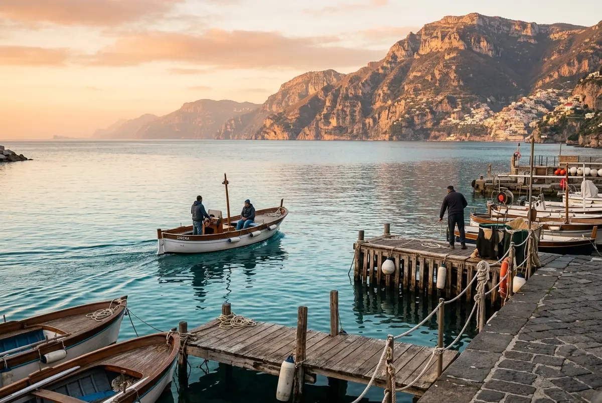 Small boat departing a Sorrento marina dock early morning with the Amalfi Coast cliffs visible in the distance, calm turquoise water, warm sunrise light