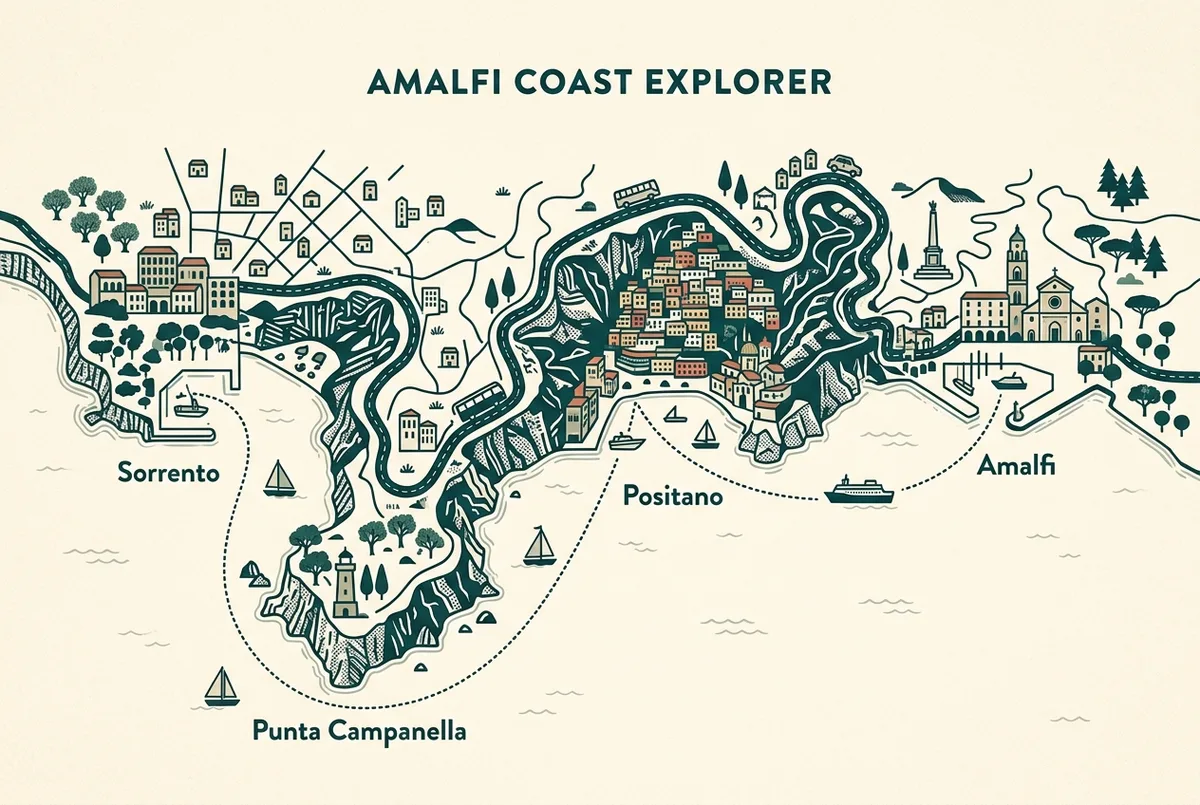 Simple route map showing Sorrento, Punta Campanella, Positano and Amalfi connected by a dotted boat route along the coastline, flat illustrated style, generic place labels only