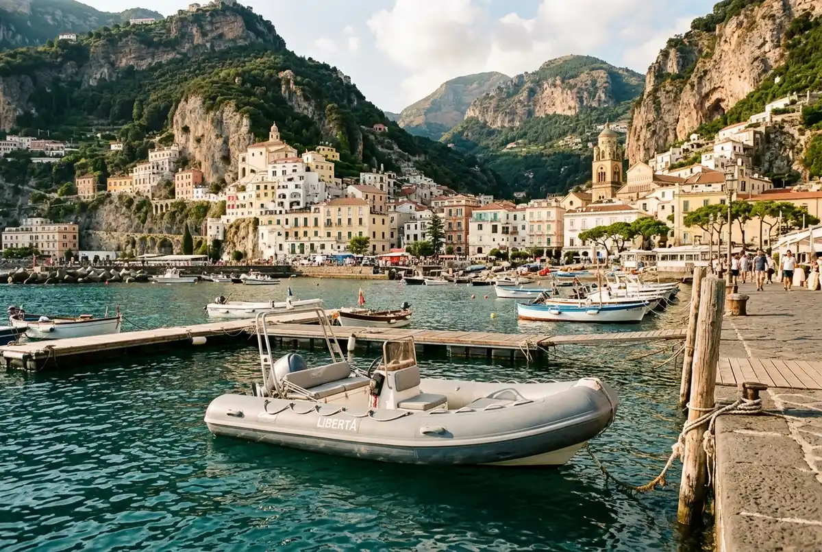 Piccolo gommone grigio ormeggiato in un'insenatura rocciosa della costiera amalfitana pronto per un noleggio gommone ad Amalfi, acqua turchese trasparente e scogliera a strapiombo sullo sfondo, luce di metà giornata