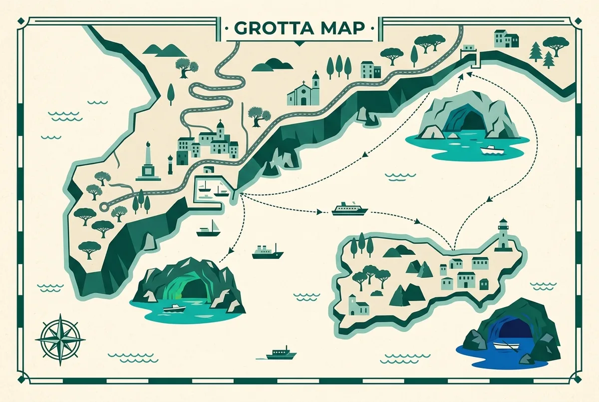 Mappa illustrata che confronta la posizione della Grotta dello Smeraldo sulla costiera amalfitana vicino a Conca dei Marini con la posizione della Grotta Azzurra sull'isola di Capri, icone semplici, stile piatto, solo etichette generiche dei luoghi