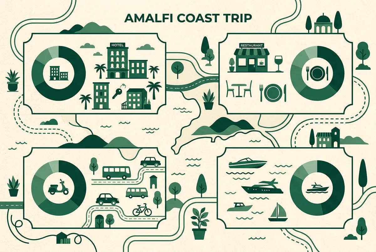 Simple flat-illustrated infographic showing a trip budget breakdown by category lodging, food, transport and boat day, generic pie chart style icons only, no specific prices, amalfi coast trip cost concept