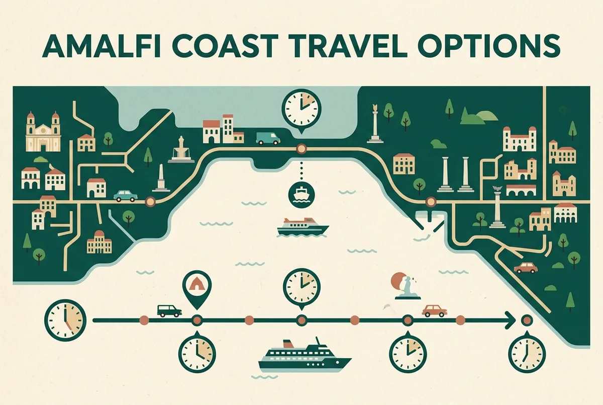 Simple timetable-style infographic comparing a scheduled ferry crossing time against a full boat tour day, clock icons and route line between Sorrento and Positano, generic labels only, flat illustrated design