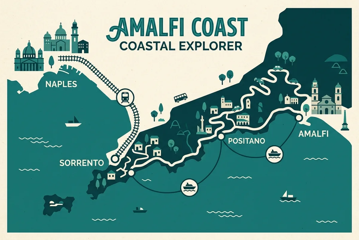 Carte simple de transport montrant Naples, Sorrente, Positano et Amalfi reliées par une icône de train entre Naples et Sorrente et une icône de bateau le long de la côte, style plat illustré, étiquettes de lieux génériques uniquement