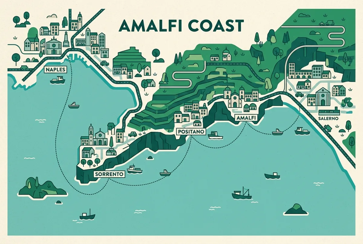 Simple map infographic of the Amalfi Coast showing Amalfi, Positano, Sorrento, Salerno and Naples marked with small boat icons and dotted route lines between them, flat illustrated style, generic town labels only