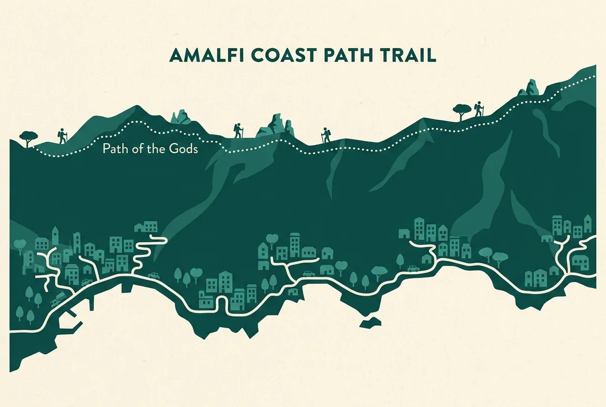 Simple elevation-style map illustration showing the amalfi coast towns at sea level and the Path of the Gods trail running along a higher ridge line above them, dotted trail path, generic place labels only