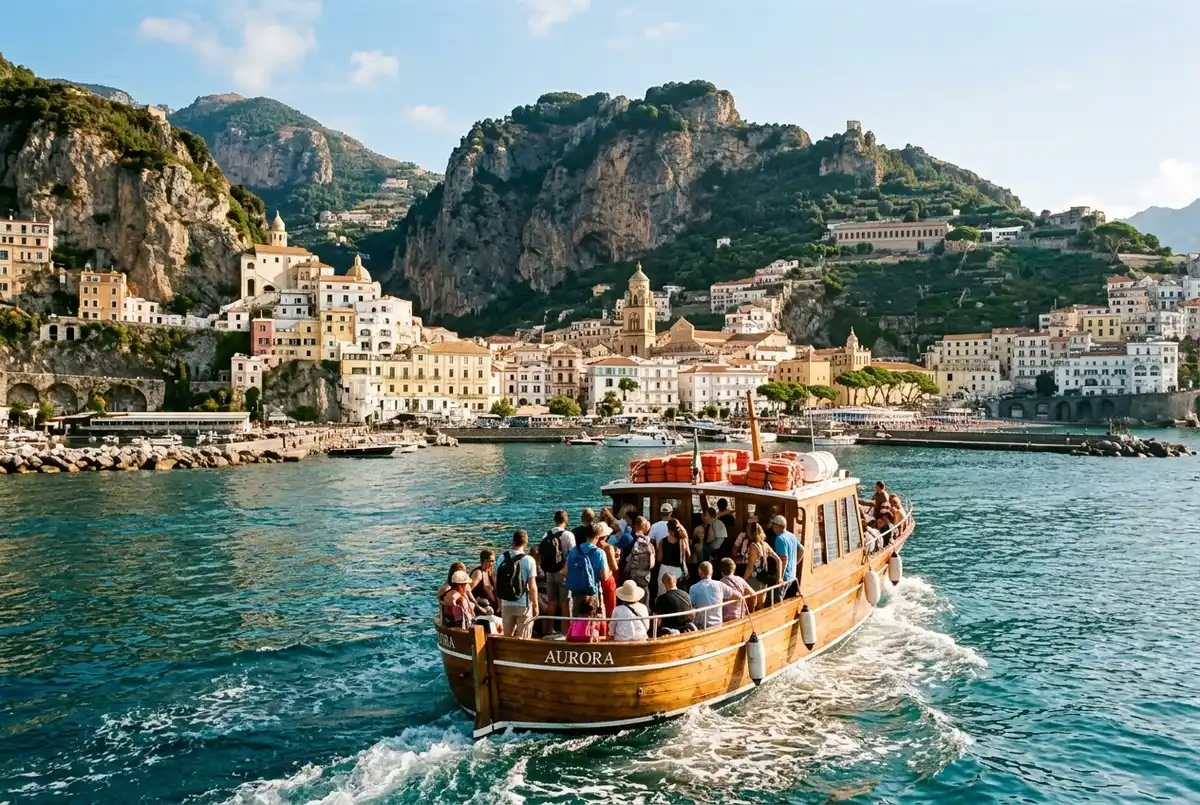 Boat departing Amalfi town's harbor with the cathedral steps and cliffside buildings behind it, open water and a hazy silhouette of Capri visible far on the horizon, morning light