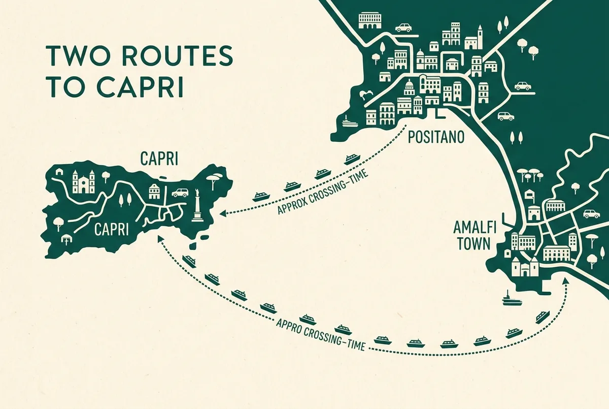 Simple map infographic comparing two dotted boat routes to Capri, one short route from Positano and one longer route from Amalfi town, with approximate crossing-time labels on each, flat illustrated style, generic labels only