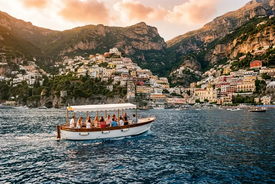 Amalfi boat tour cruising past cliffside Positano at golden hour with a canopied boat and open sea