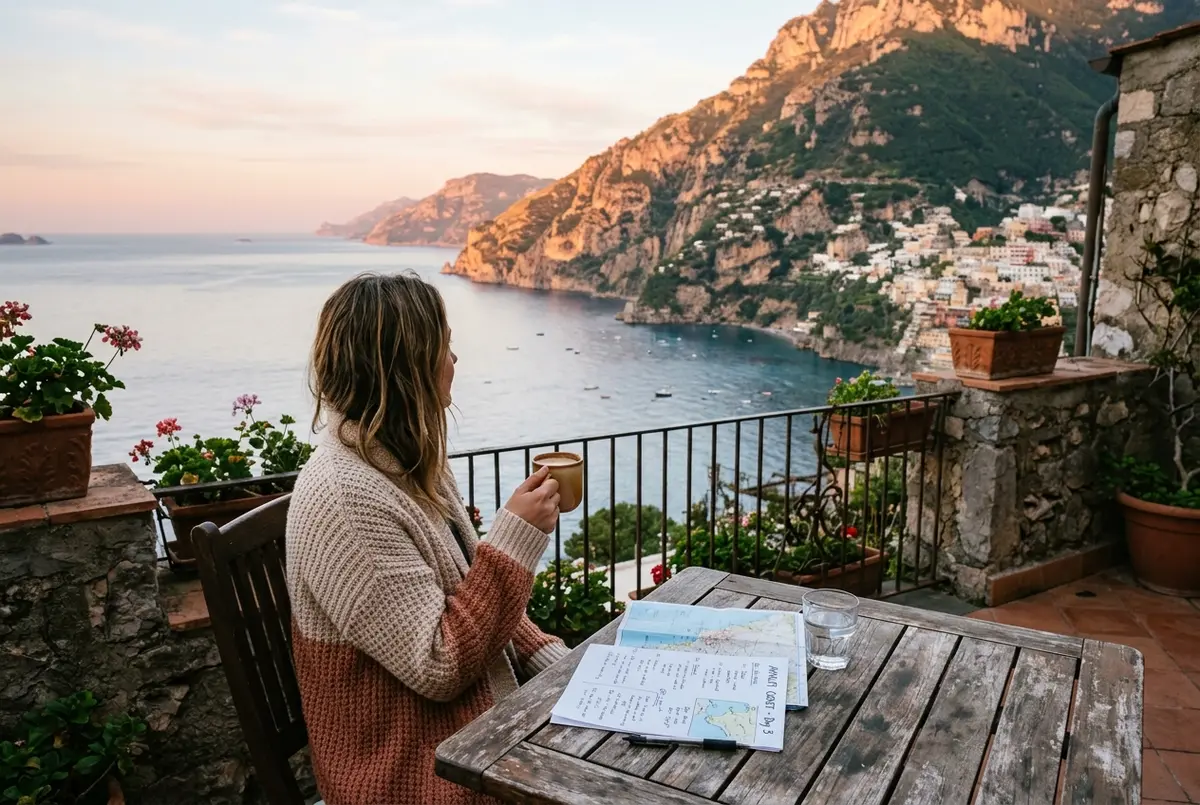 Traveler sitting on a terrace overlooking the amalfi coast cliffs at sunrise with a paper itinerary and coffee, calm and unhurried mood, warm morning light