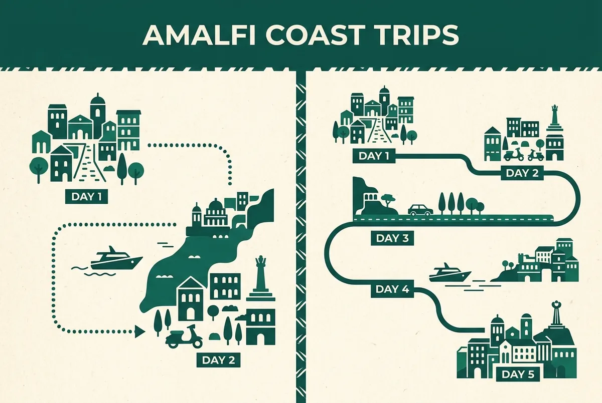 Simple flat-illustrated itinerary infographic showing a 2-day versus 5-day amalfi coast trip split into town icons and a boat icon, generic day labels only, no specific prices or dates
