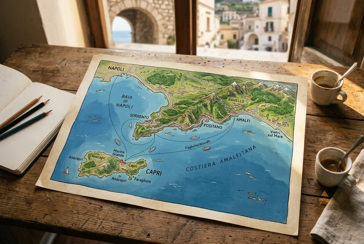 Simple aerial-style map illustration showing the Amalfi Coast peninsula and the separate island of Capri sitting offshore in the Bay of Naples, dotted boat routes connecting them, flat clean style