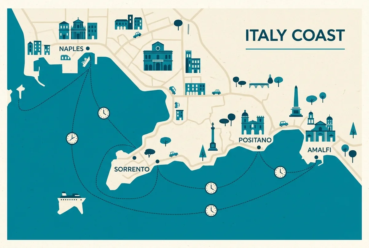 Simple route map infographic showing ferry connections from Naples and Sorrento down the Amalfi Coast to Positano and Amalfi, dotted lines over a stylized coastline, clock icons for journey time, generic labels only