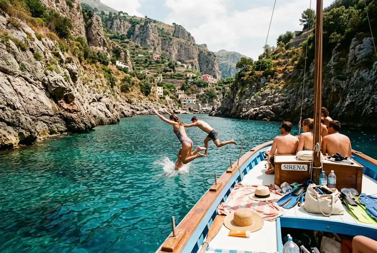 Travelers jumping off the side of a small boat into turquoise water near a narrow limestone fjord along the Amalfi Coast, sunscreen and snorkel masks visible on deck, midday light