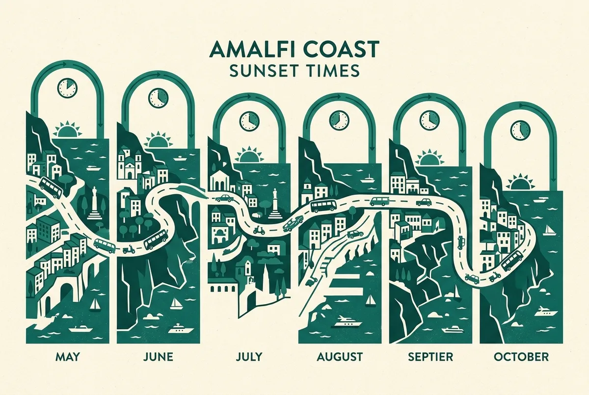 Simple infographic showing a sunset time chart across May through October months for the amalfi coast region, clock and sun icons, generic month labels only, flat illustrated design