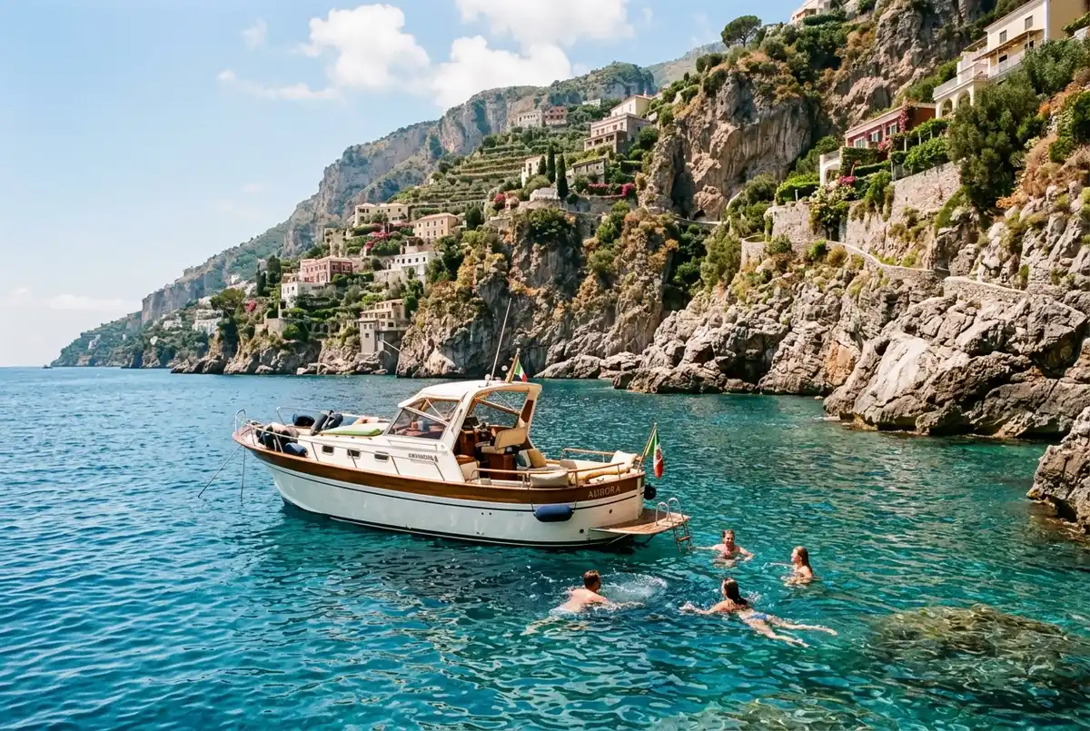 Small private charter boat anchored alone in a quiet Amalfi Coast cove with a group of friends swimming beside it, no other boats nearby, bright midday light, private boat tour amalfi coast concept