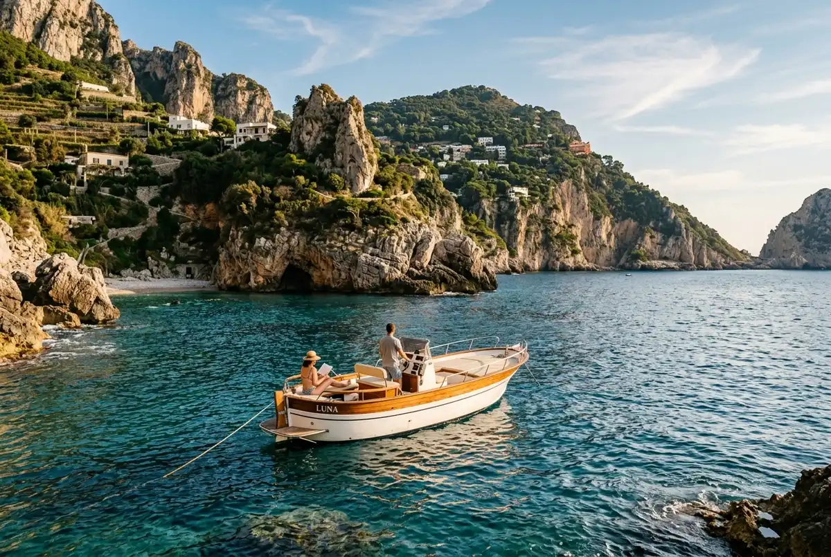 Small private charter boat anchored alone near Capri's Faraglioni sea stacks with no other tour boats in the frame, a couple relaxing on deck, late afternoon golden light