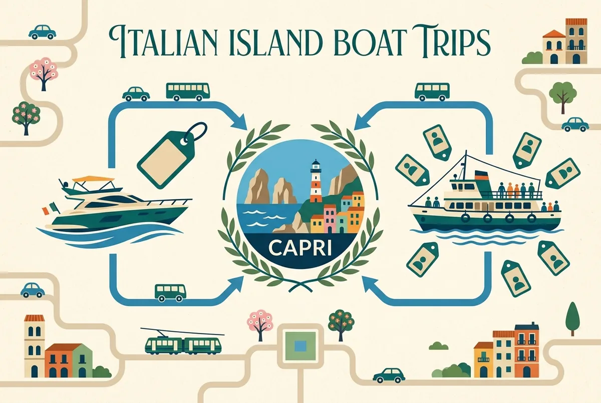 Simple infographic comparing a private boat icon with a single price tag versus a shared boat icon with several smaller per-person price tags, both pointed at a Capri island icon, flat illustrated style, generic labels only