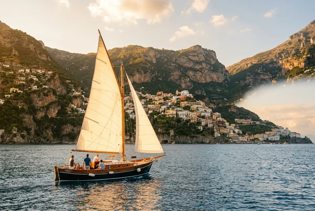 Traditional sailboat with white sails raised cruising past the cliffside villages of the Amalfi Coast at golden hour, calm sea, warm light catching the sails, sailing amalfi coast concept