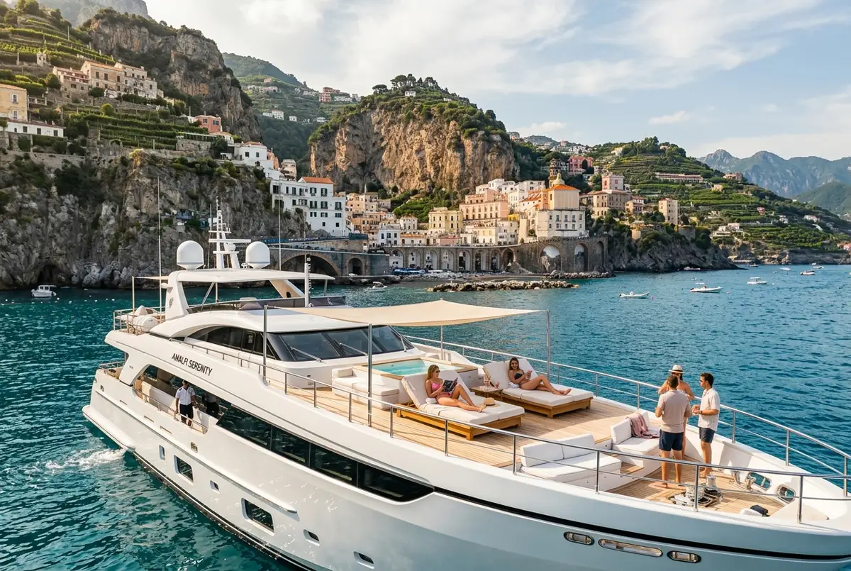 Yacht bianco di lusso ormeggiato in una baia della costiera amalfitana per un noleggio yacht al tramonto, scogliera a strapiombo e acqua turchese, luce calda di fine giornata