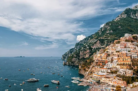 Positano boat tour guests swimming near the Emerald Grotto on the Amalfi Coast